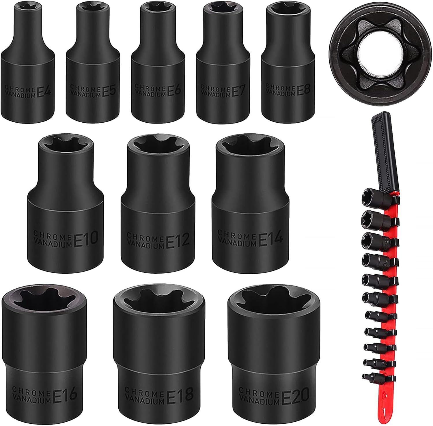 SEDY 11-Piece E-Torx Socket Set - Star Sockets Set with Socket Rail, External Torx Socket with Organizer, External Socket-Set, E4 E5 E6 E7 E8 E10 E12 E14 E16 E18 E20 Reverse Sockets Set