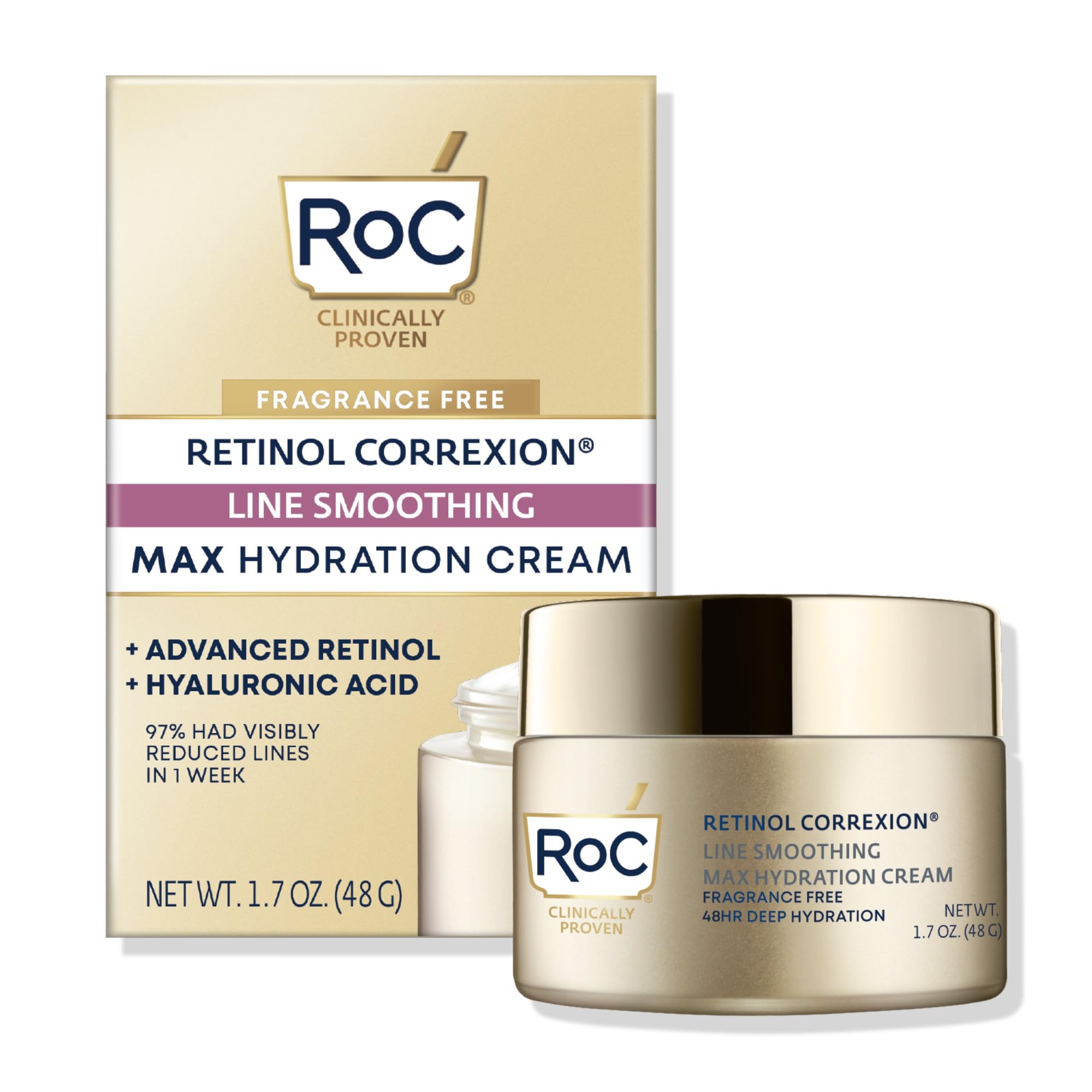 RoC Retinol Correxion Max Daily Hydration Anti-Aging Face Moisturizer with Hyaluronic Acid, Oil Free Skin Care Cream for Fine Lines, Dark Spots, Post-Acne Scars, Retinol Moisturizer, 1.7 Ounces