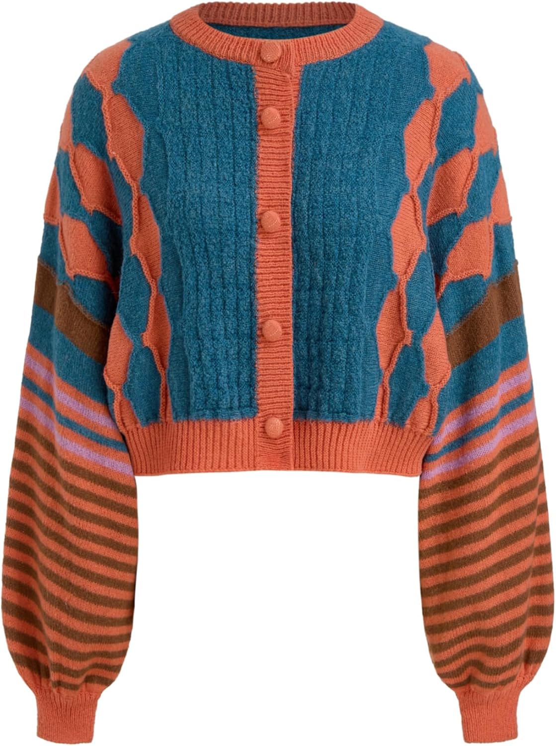 CIDER Cardigans for Women Trendy Crew Neck Striped Geometric Knit Cardigan Oversized Button Up Knitwear