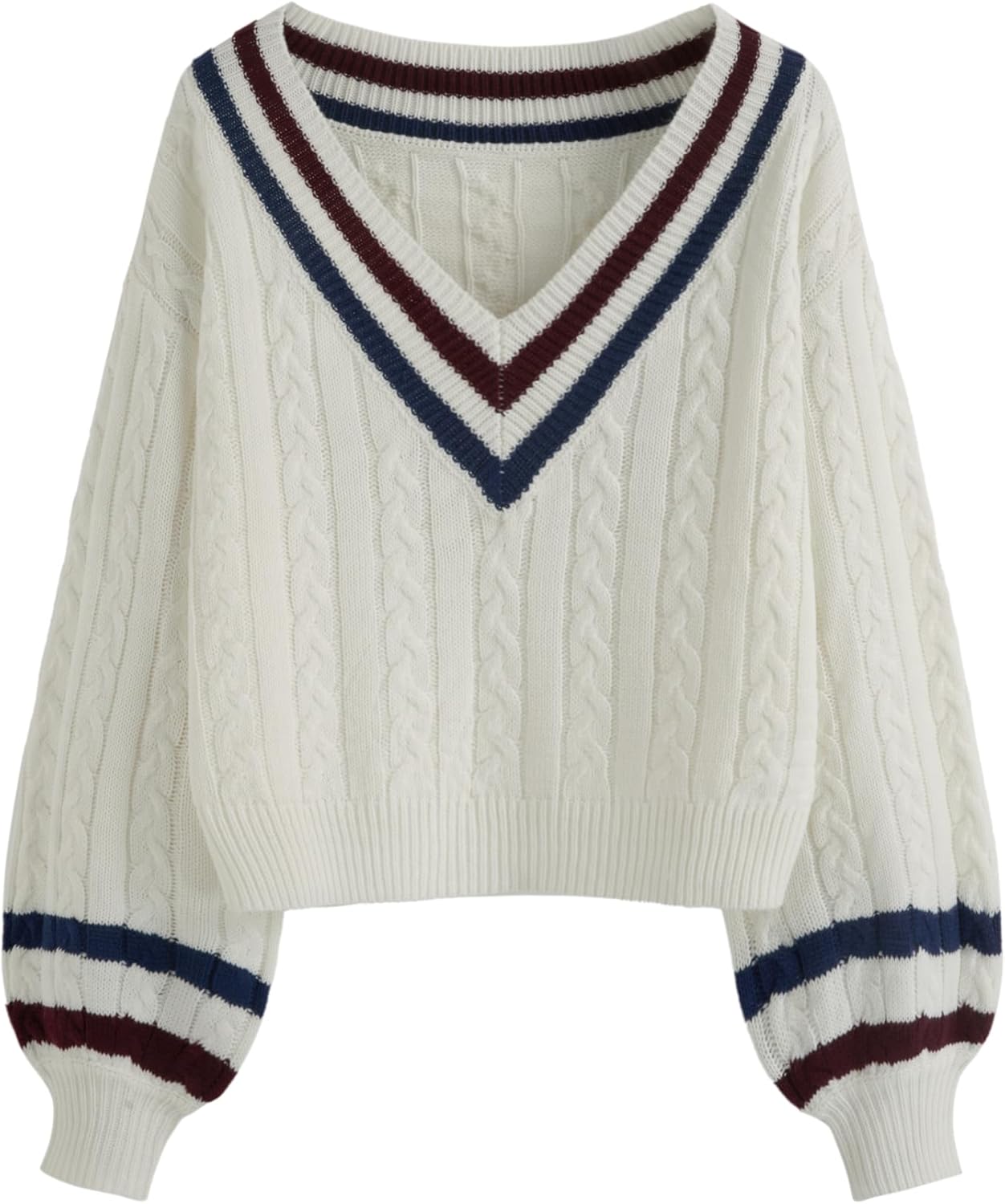 CIDER Cable Knit Sweater Women V Neck Long Sleeve Pullover Striped Trim Regular Fit Knit Top Fall Sweaters