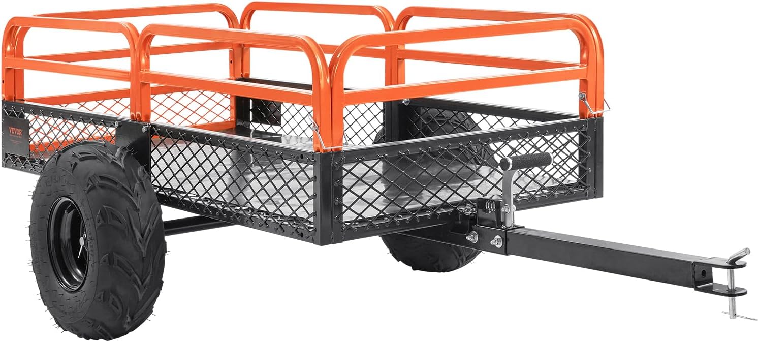 VEVOR ATV UTV Trailer Tow Behind Dump Cart, 1500lbs 15 Cubic Feet, Heavy Duty Yard Garden Trailer Pull Behind Dump Trailer for Lawn Mower Tractor
