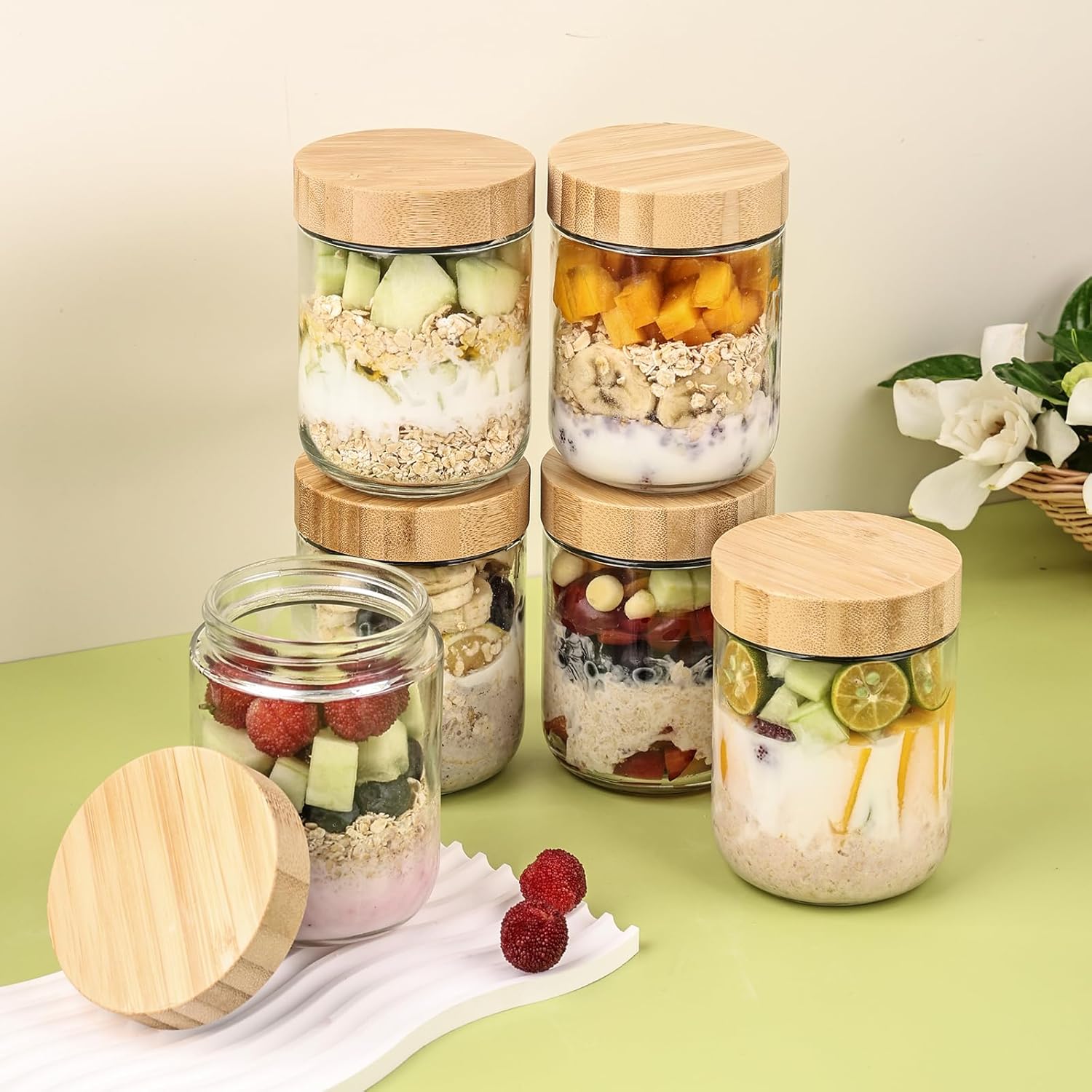6-Pack Overnight Oats Containers with Bamboo Airtight Lids, 16oz Wide Mouth Mason Salad jars, Glass Food Storage Containers for Snacks Sugar Spice Yogurt
