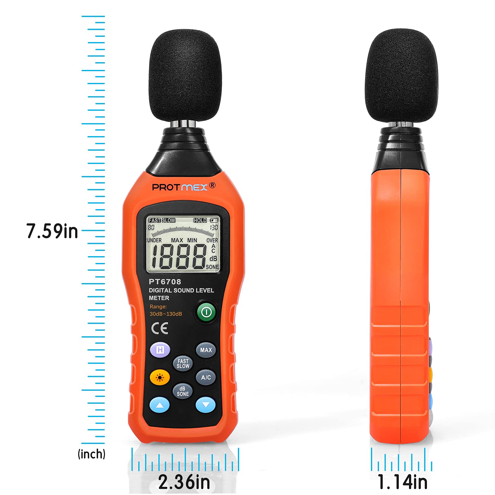 PT6708 Sound Level Meter, Digital Decibel Reader Measurement, Range 30-130 dB, Accuracy 1.5dB Noise Meter with Large LCD Screen Display, Fast and Slow Selection (Batteries Include)