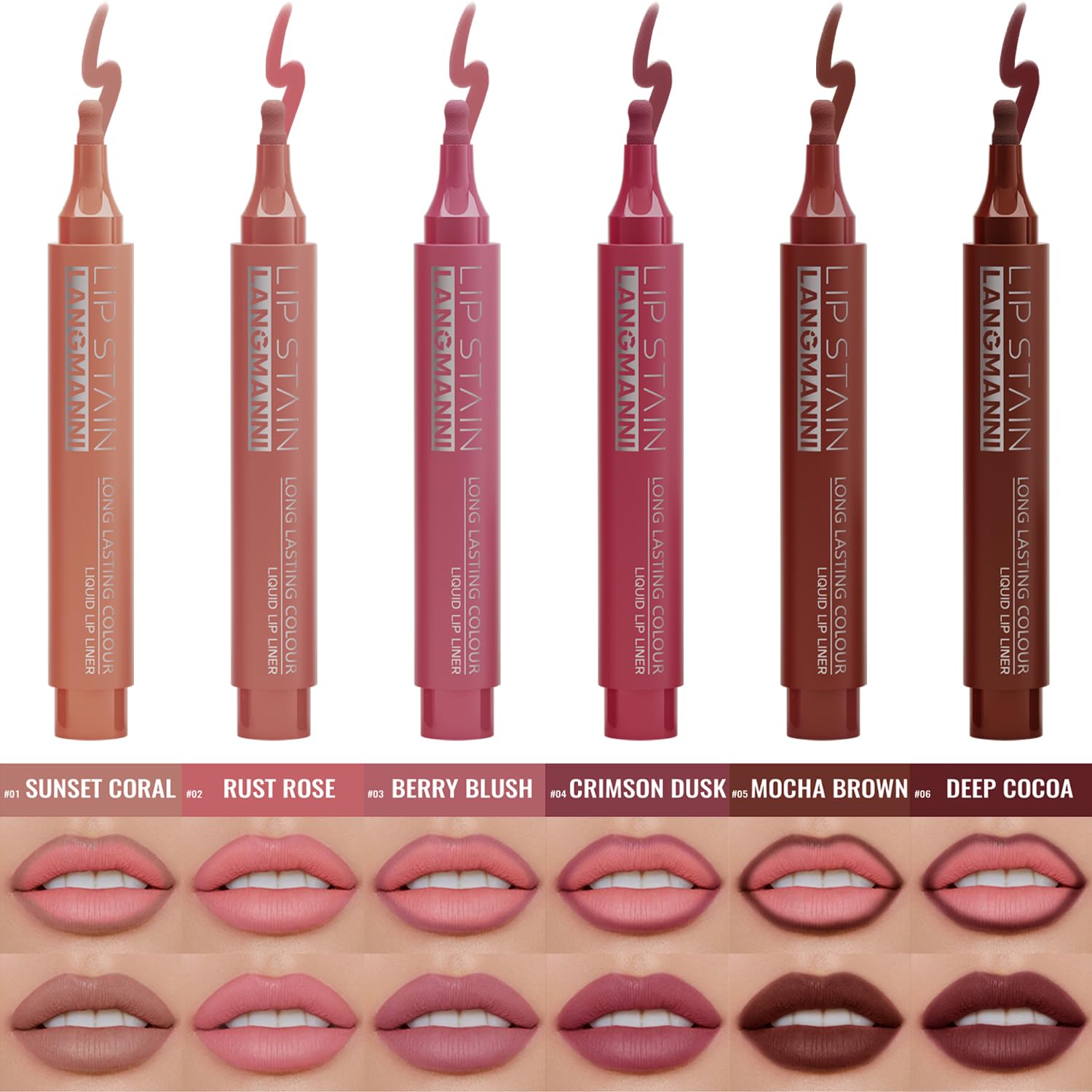 Jolilab 4 Colors Lip Stain Set:Marker Matte Liquid Lip Stain Pen,Highly Pigmented,Long-Lasting,Lip Liner Lip Contour Multi-Use.(#01+02+03+04)