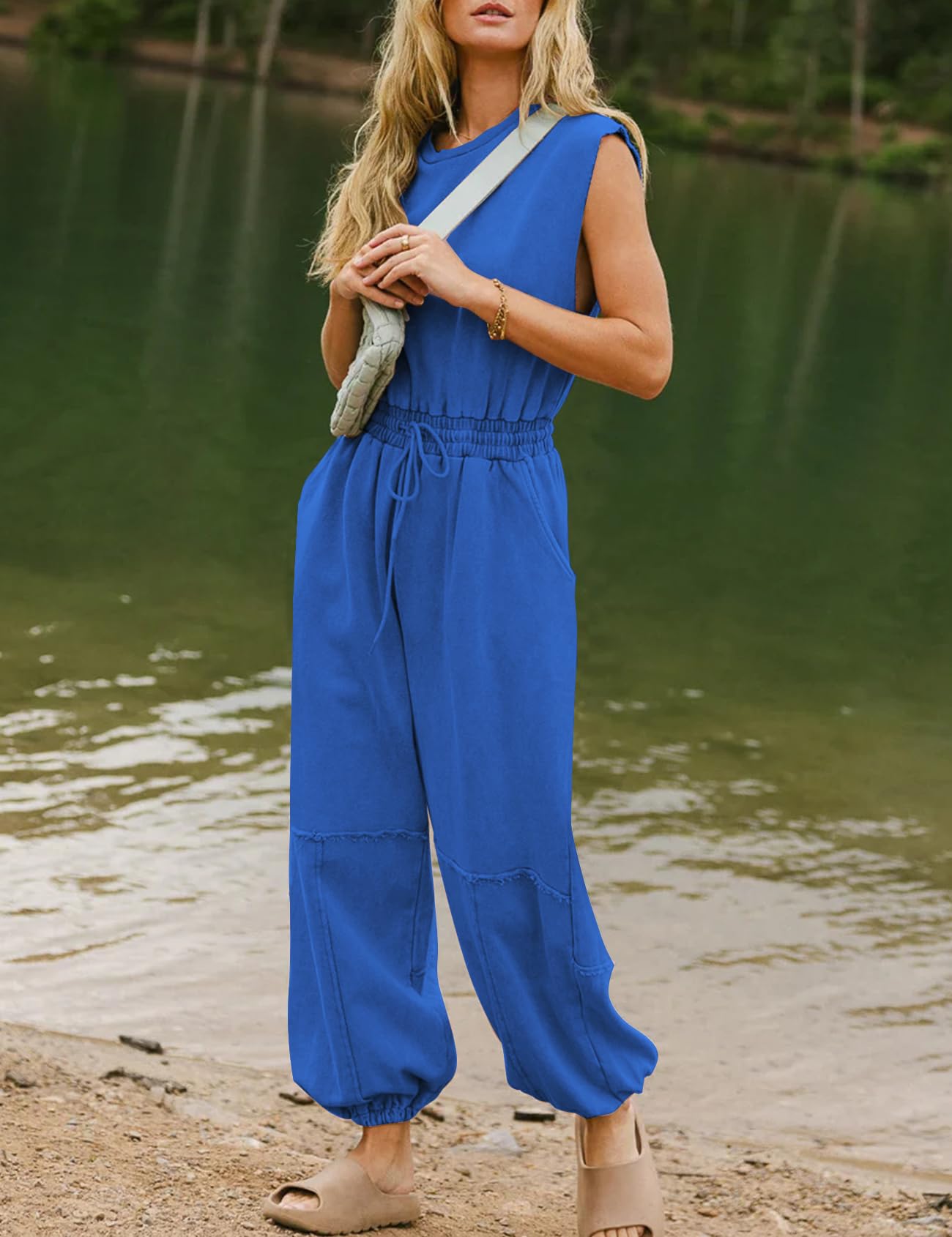 Flygo Womens Casual Jumpsuit Crewneck Cap Sleeve Long Wide Leg Pants One Piece Outfits Drawstring Romper with Pockets(LightGrey-M)