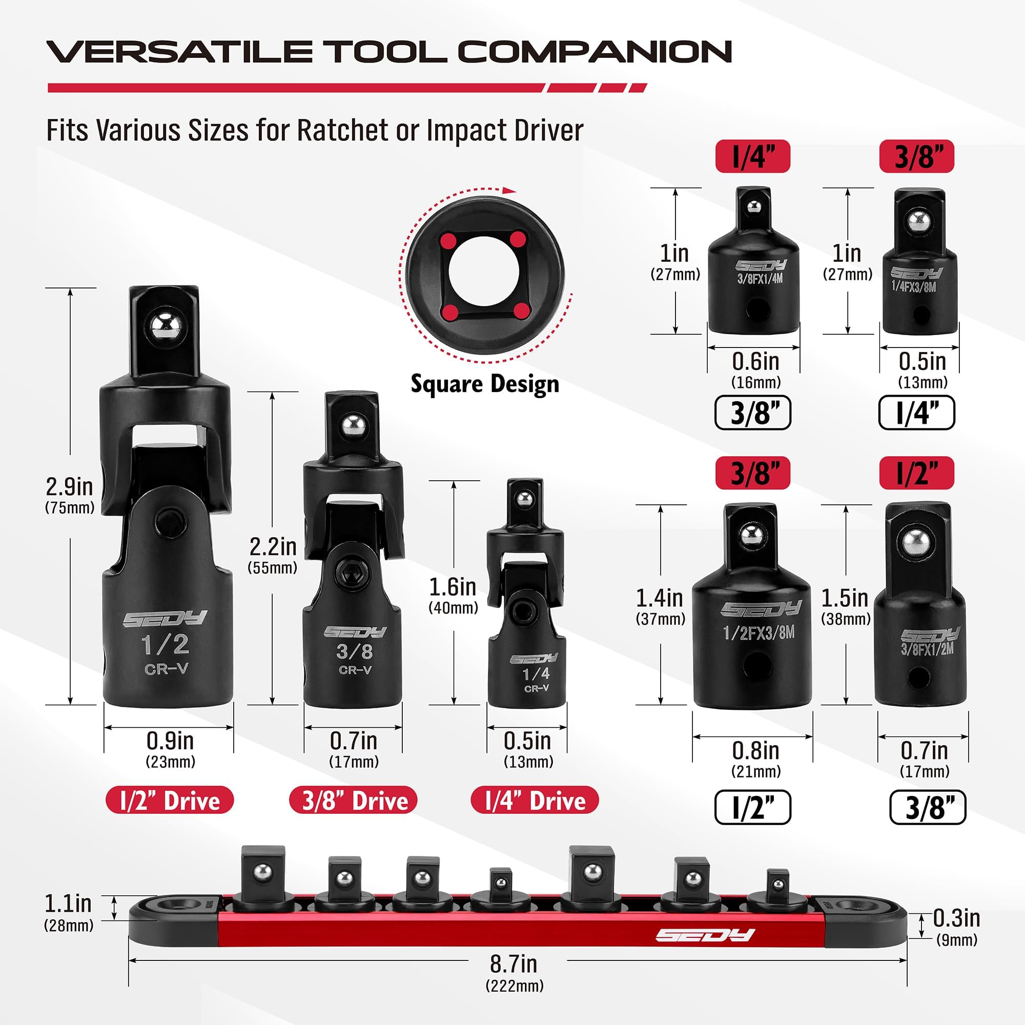 Impact Universal Joint-Socket Swivel Set: 3-Piece 1/2", 3/8", 1/4" Flexible Socket Swivel Set Premium CR-MO Steel U Joint Adapter Wobble