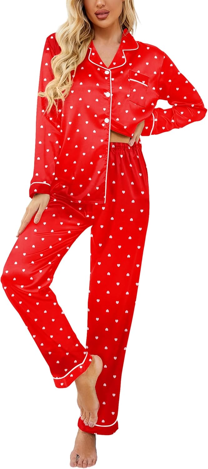Ekouaer Womens Satin Pajama Set Classic Pattern Silky Pj Sets Button Down Sleepwear Loungewear