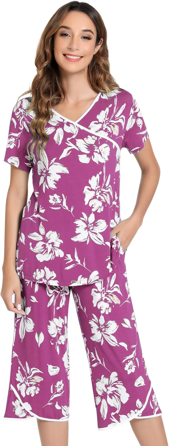 NACHILA Women’s Pajamas-Viscose Made from Bamboo, Short Sleeve Pjs Top with Capri Pajama Sets for Women Cool V Neck Sleepwear