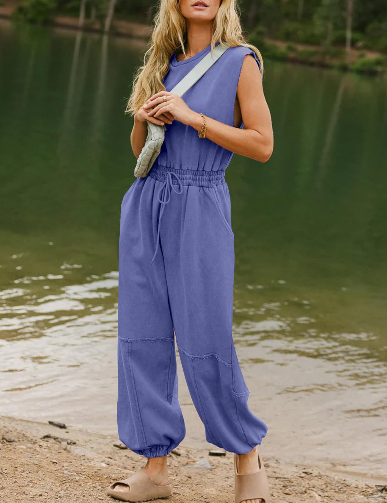 Flygo Womens Casual Jumpsuit Crewneck Cap Sleeve Long Wide Leg Pants One Piece Outfits Drawstring Romper with Pockets(LightGrey-M)