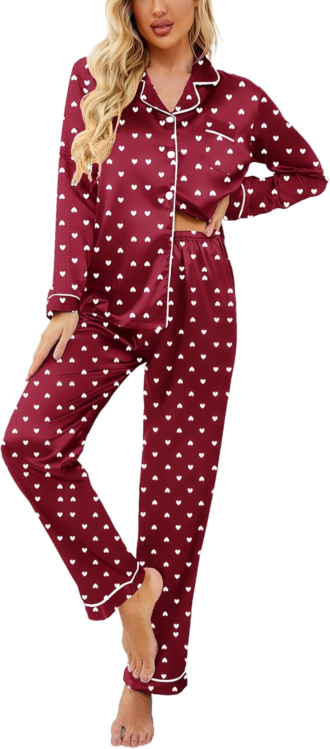 Ekouaer Womens Satin Pajama Set Classic Pattern Silky Pj Sets Button Down Sleepwear Loungewear