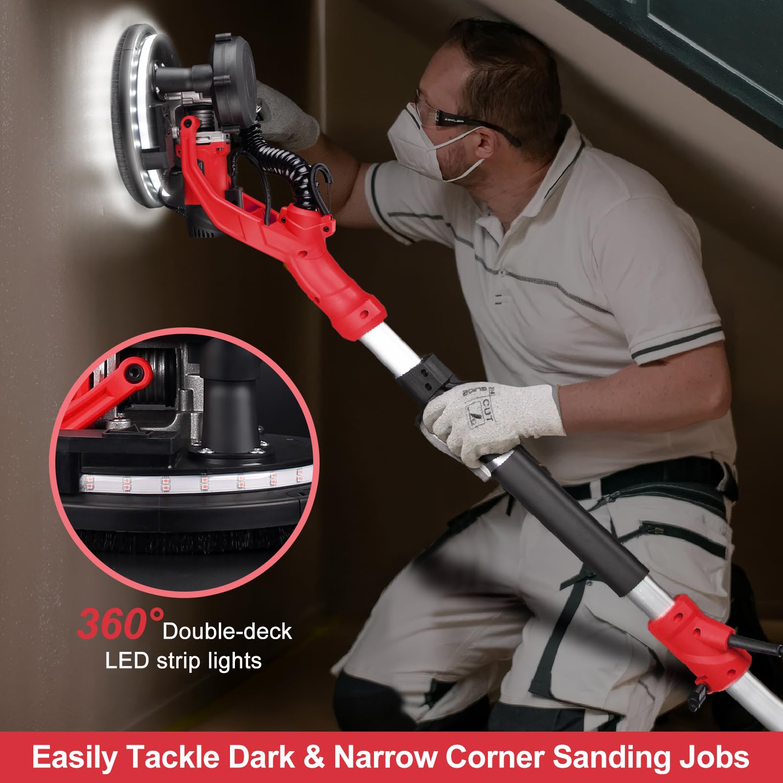 Drywall Sander, 1000W Popcorn Ceiling Removal Tool, Automatic Drywall Sander with Vacuum Dust Collection, LED Light, 6 Variable Speed 800-2200RPM,15Pcs Sanding Discs, Foldable & Extendable Handle