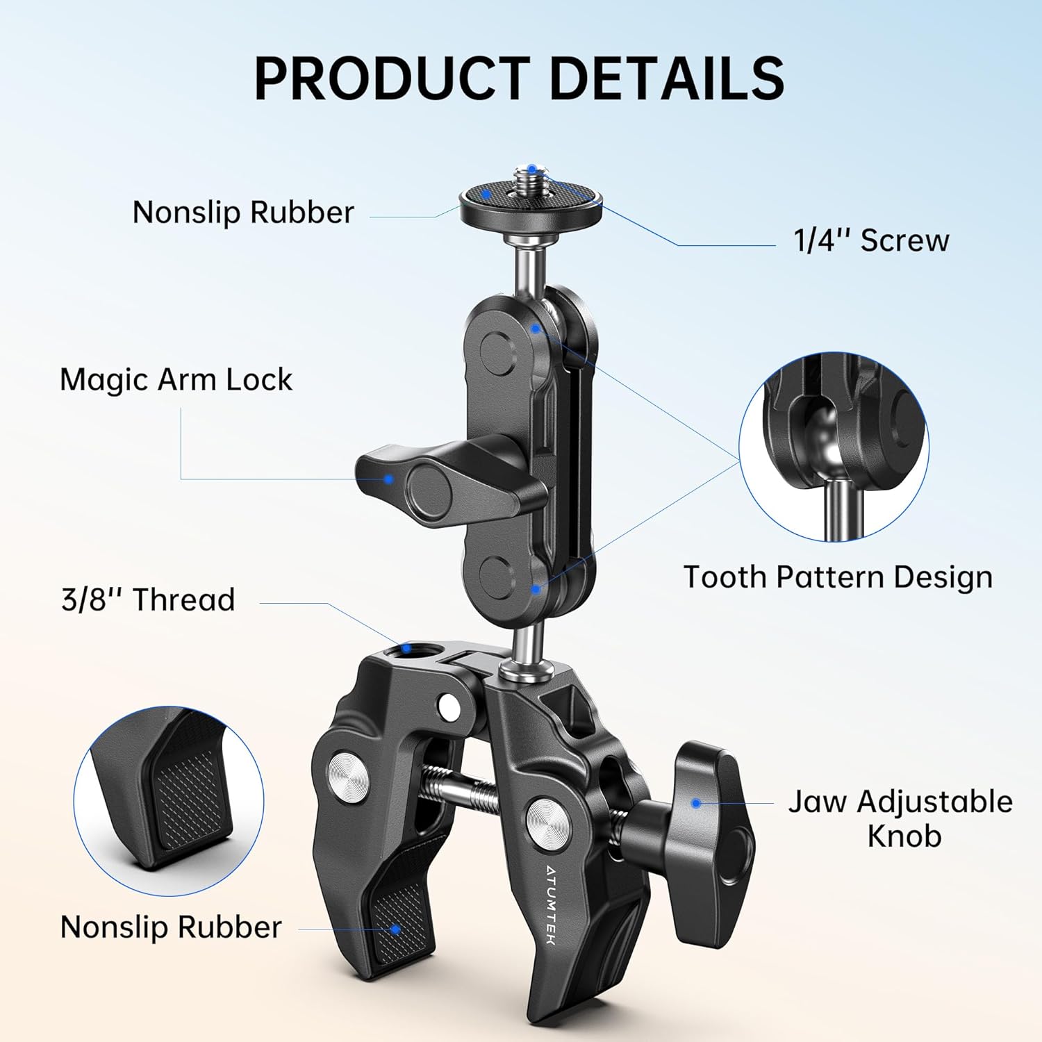 ATUMTEK Super Camera Clamp Mount with 1/4" and 3/8" Threads, Dual Ballhead Magic Arm 360° Ball Head Grip, Phone/Action Camera Mount Adapter for Canon Nikon DSLR Camera, GoPro/Insta360/INSTAX/DJI