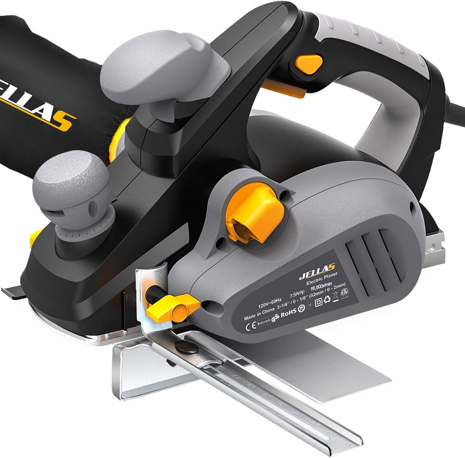 Jellas Electric Planer, 7.5-Amp 16500 Rpm Power Hand Planer, 3-1/4 Inch Cut Width, Dual-dust out System, Dual-handle Design, Blade Protector, 2 Reversible HSS Blades and 2 Carbon Brushes, EP01