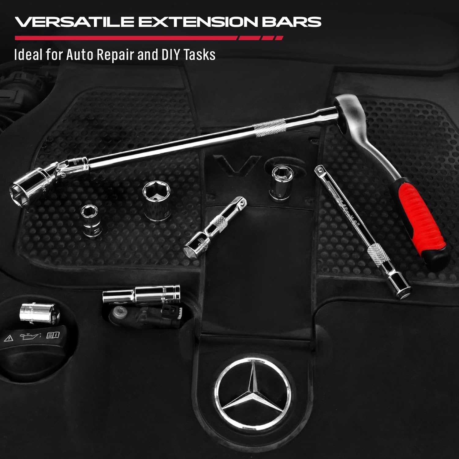 4-Piece 3/8" Drive Socket Extension Bar Set, Professional Socket Extension Set Include 3, 6, and 10 Inch Extensions and 3/8 Inch drive Universal Joint Sockets, Premium Cr-V Steel Construction