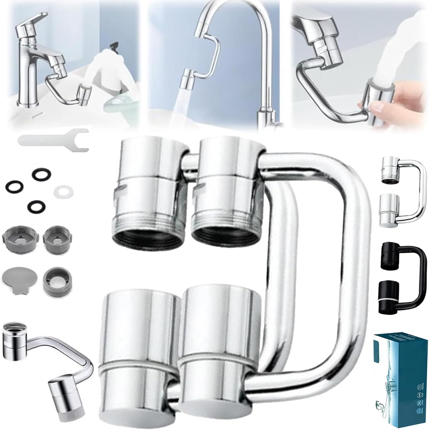 Universal Sink Faucet 1440° Rotatable Faucet Aerator Extension, U Shaped Faucet Extender, 360° Rotating Faucet Extender for Bathroom Sink/Kitchen, Sink Faucet Extender, 2 Modes Adjustable(Silver)