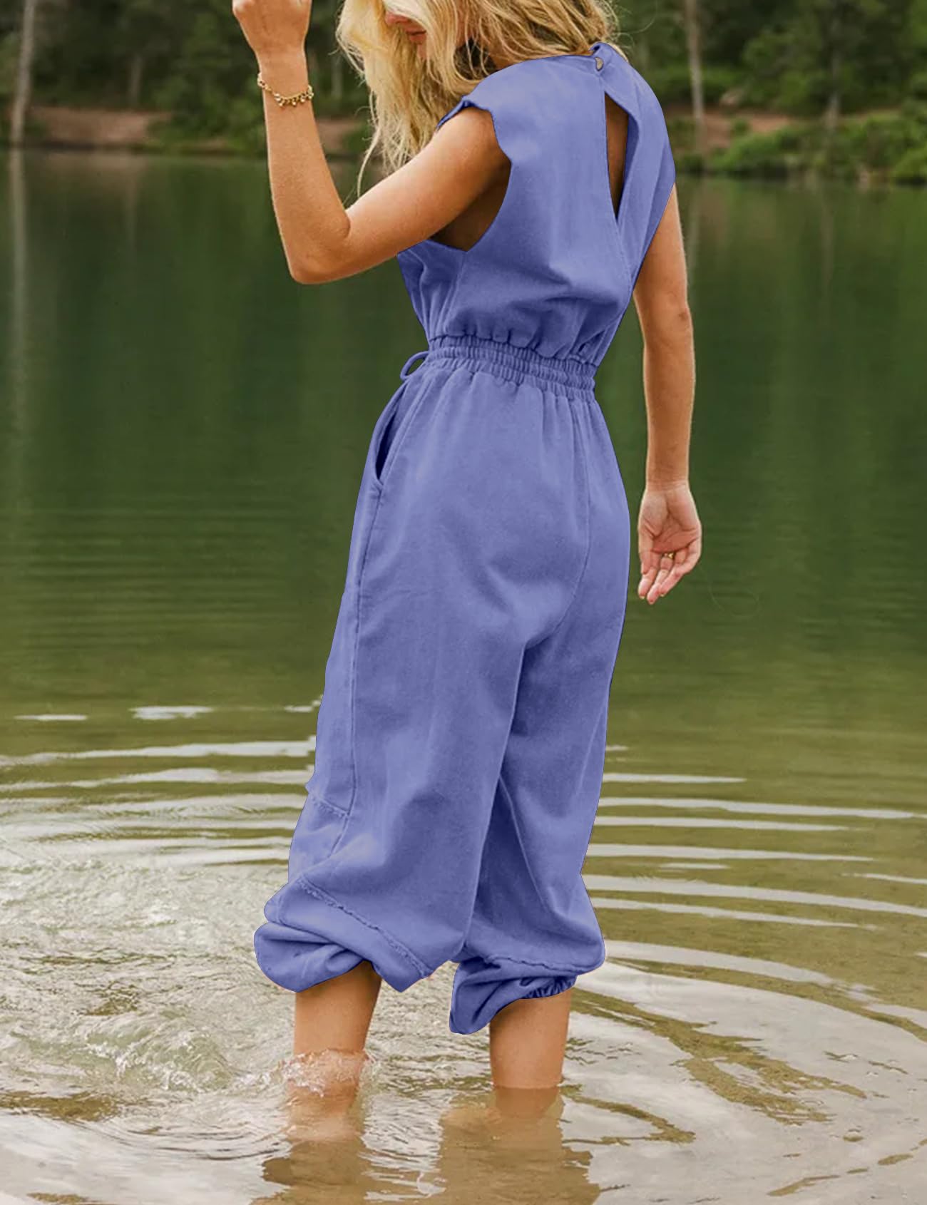 Flygo Womens Casual Jumpsuit Crewneck Cap Sleeve Long Wide Leg Pants One Piece Outfits Drawstring Romper with Pockets(LightGrey-M)