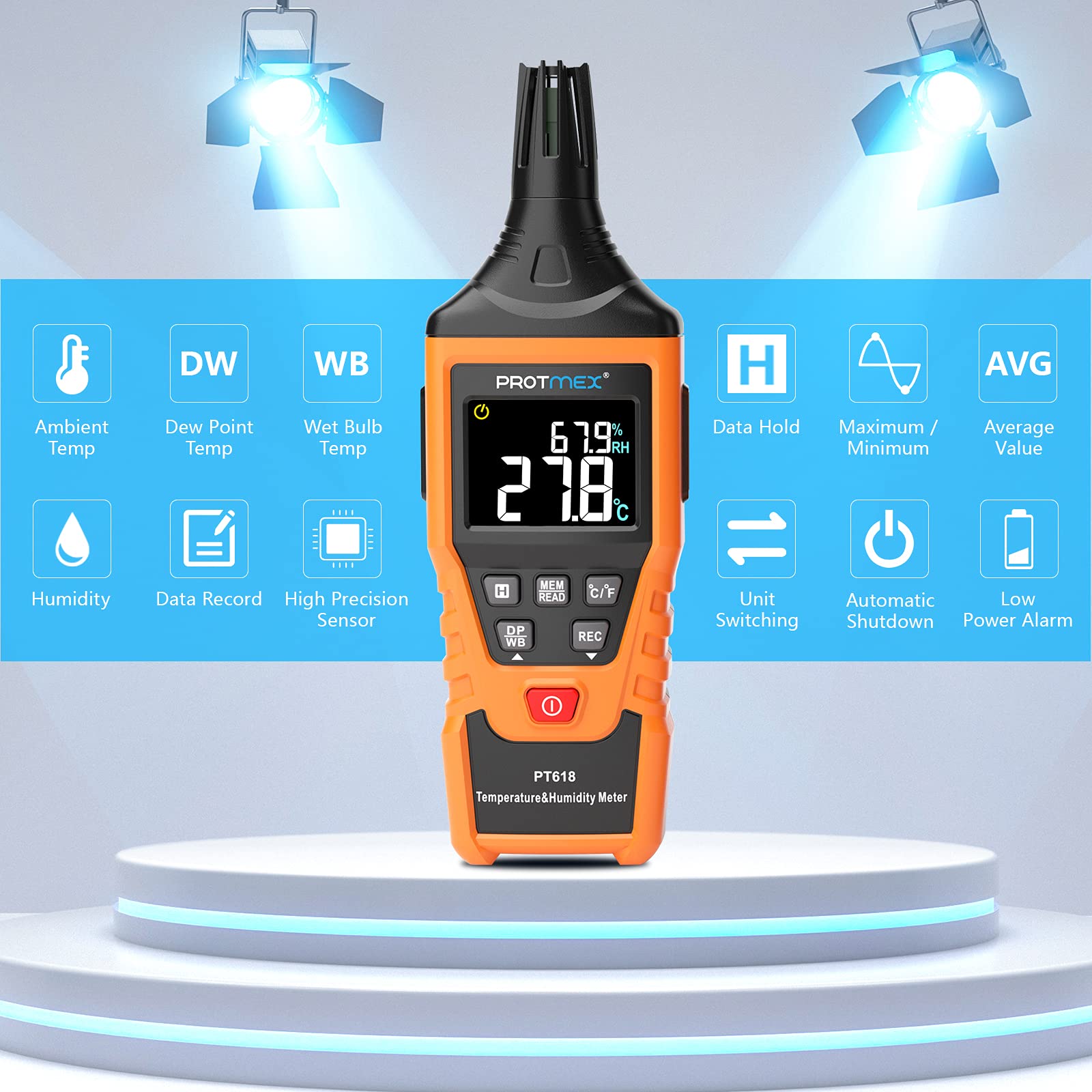 PT6508 Temperature Humidity Meter, Digital Thermometer Hygrometer Monitor with Ambient, Dew Point, Wet Bulb for Indoor/Outdoor MIN, MAX, Data Hold, LCD Backlight