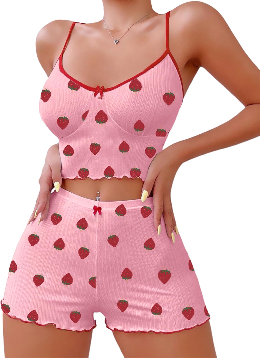 Hilinker Womens Graphic Print Ribbed PJ Set Crop Cami Tops and Shorts Cute Pajamas Set