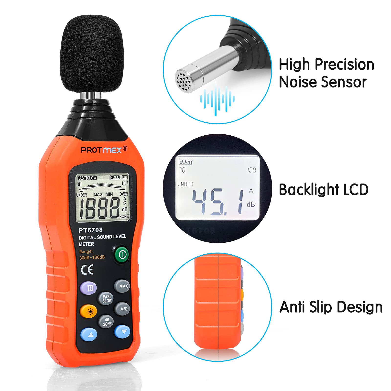 PT6708 Sound Level Meter, Digital Decibel Reader Measurement, Range 30-130 dB, Accuracy 1.5dB Noise Meter with Large LCD Screen Display, Fast and Slow Selection (Batteries Include)