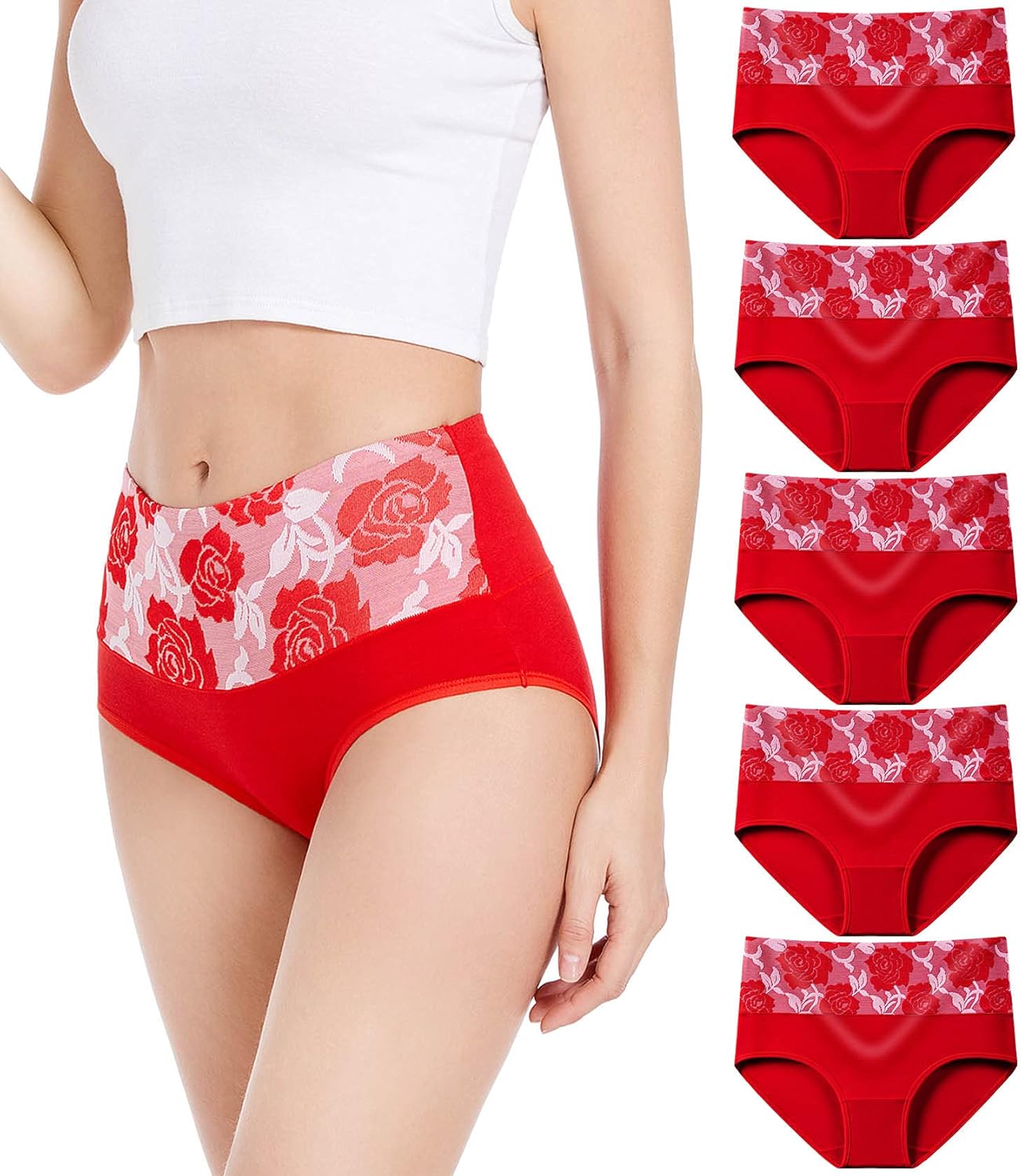 HAVVIS Women's Briefs Underwear Cotton High Waist Tummy Control Panties Rose Jacquard Ladies Panty Multipack