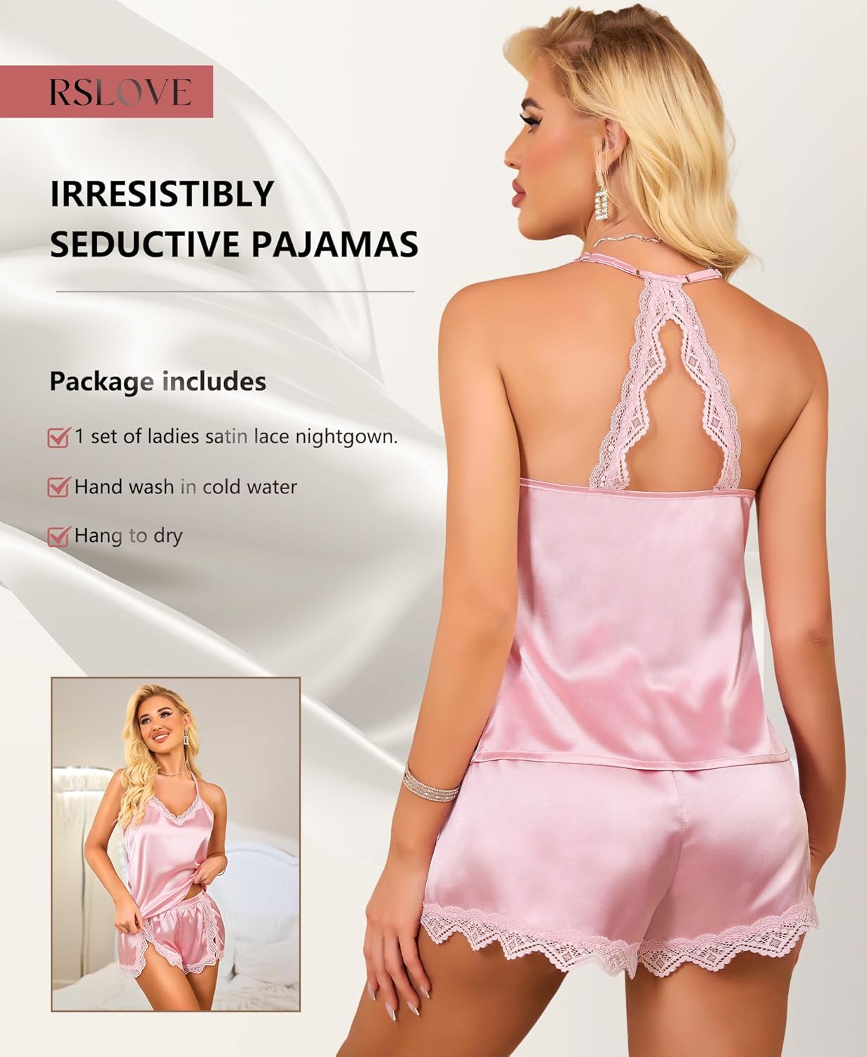 RSLOVE Women Pajama Set Sleepwear - Satin Pajamas Silk V Neck Cami and Shorts Pjs 2 Piece Womens Sexy Lace Lounge Nightwear