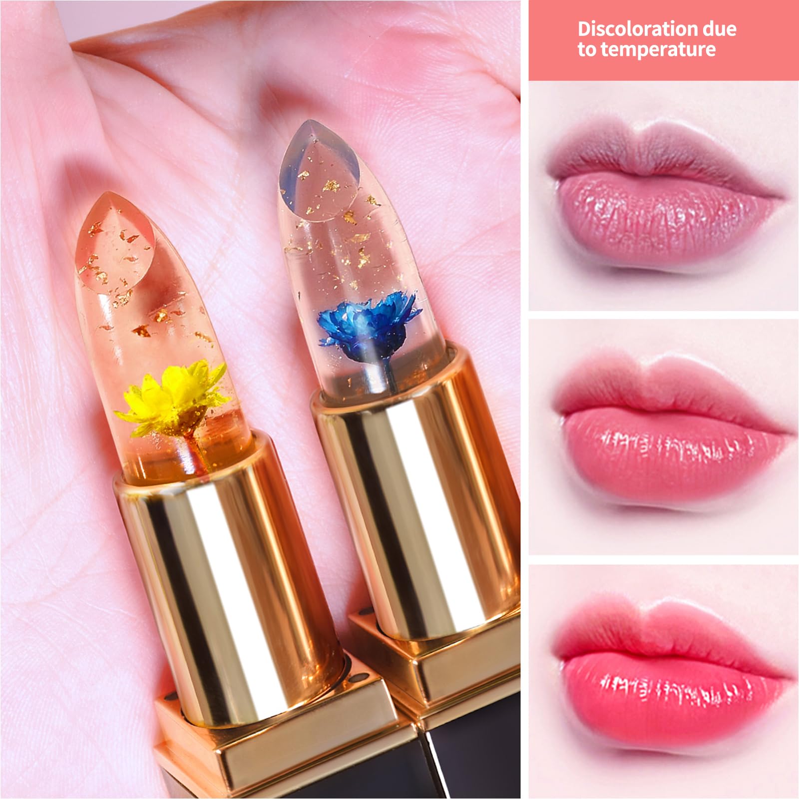 BLUE LOVE Color Changing Flower Lipstick - Hydrating Jelly Lip Balm with Flower, Long-Lasting Moisturizer & Nourishing Lip Gloss (Blue&Gold, 2 Count (Pack of 1))