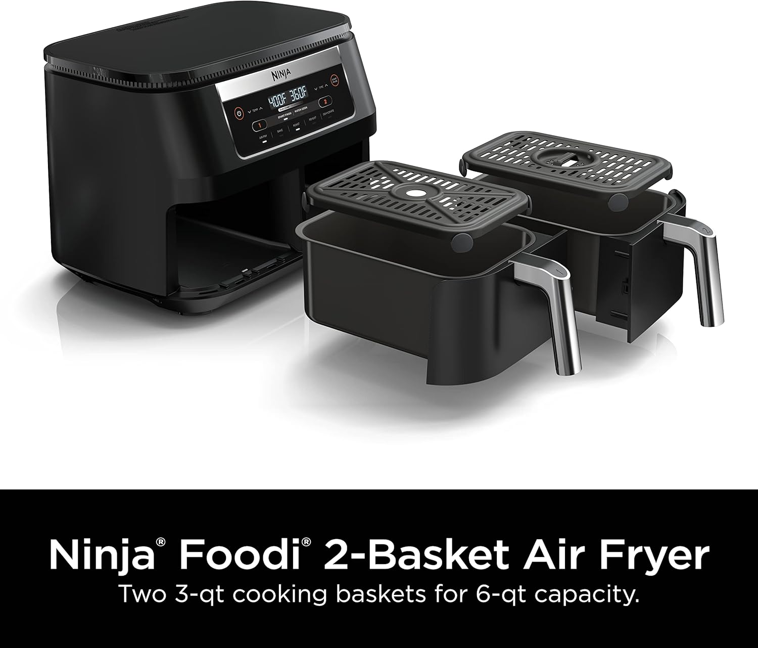 Ninja DZ090 6-Quart Dual-Zone 2-Basket Air Fryer - Roast, Bake, Dehydrate (Renewed)