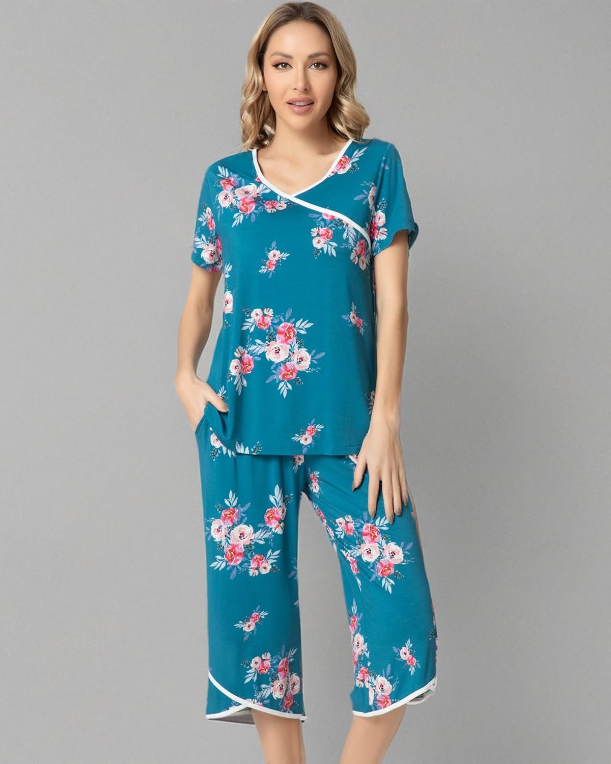 NACHILA Women’s Pajamas-Viscose Made from Bamboo, Short Sleeve Pjs Top with Capri Pajama Sets for Women Cool V Neck Sleepwear