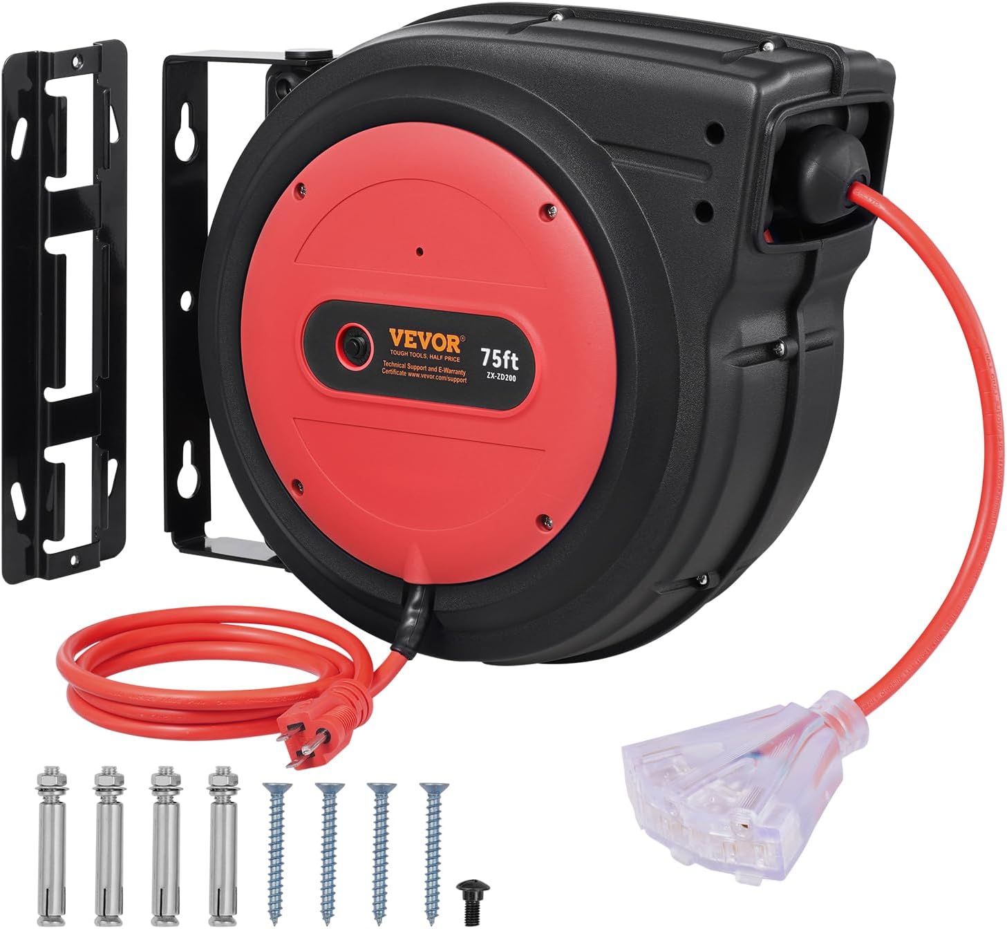 VEVOR Retractable Extension Cord Reel, 45 FT, Heavy Duty 12AWG/3C SJTOW Power Cord, with Lighted Triple Tap Outlet, 15 Amp Circuit Breaker, 180° Swivel Bracket for Ceiling or Wall Mount