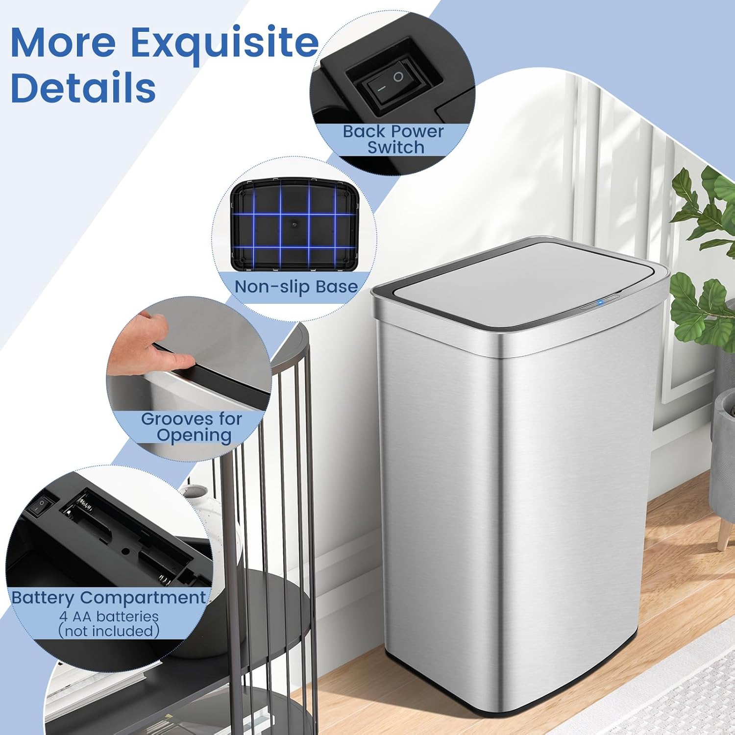 Goplus 13 Gallon/ 50L Touchless Trash Can, Rectangular Motion Sensor Trash Bin with Soft Close Lid & Deodorizer Compartment, Stainless Steel Automatic Garbage Can for Kitchen, Office