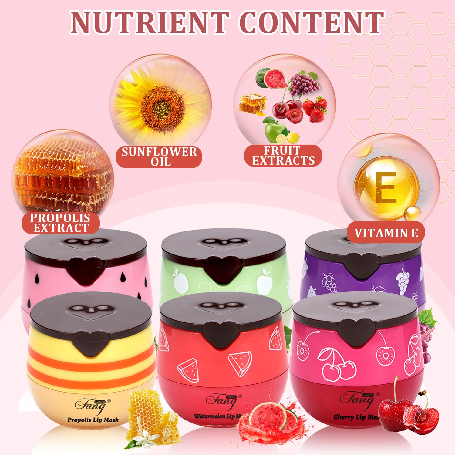 6 PCS Bee Lip Balm Honey Pot, Honey Strawberry Watermelon Apple Vanilla Peach Bee Lip Balm Sleeping Lip Mask Overnight with Sticks, Honey Pot Lip Balm Exfoliating Prevention Dry and Crack Lip Scrubs