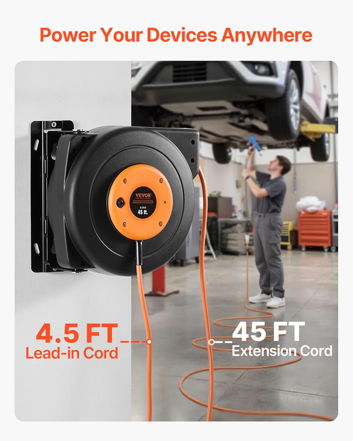 VEVOR Retractable Extension Cord Reel, 45 FT, Heavy Duty 12AWG/3C SJTOW Power Cord, with Lighted Triple Tap Outlet, 15 Amp Circuit Breaker, 180° Swivel Bracket for Ceiling or Wall Mount