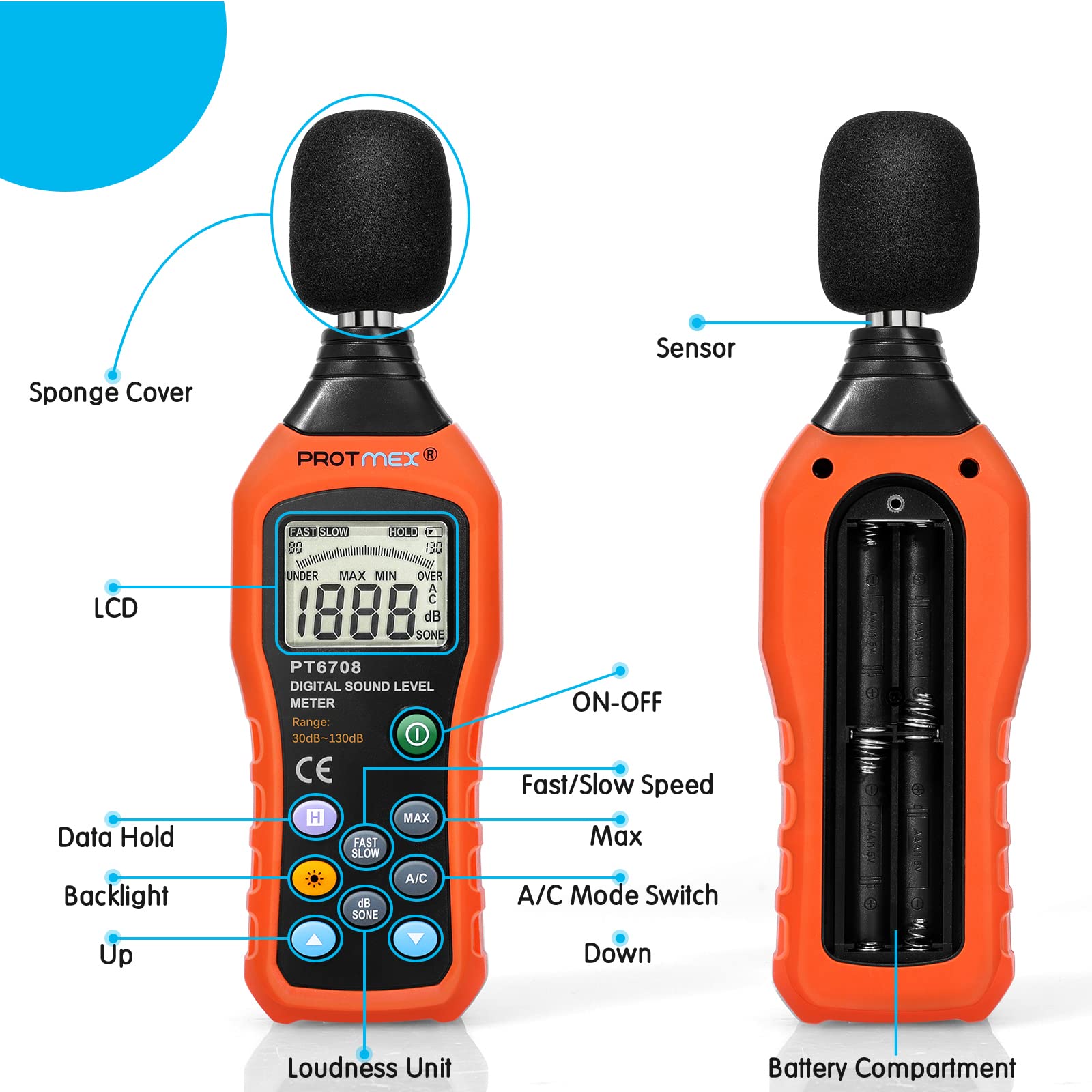 PT6708 Sound Level Meter, Digital Decibel Reader Measurement, Range 30-130 dB, Accuracy 1.5dB Noise Meter with Large LCD Screen Display, Fast and Slow Selection (Batteries Include)