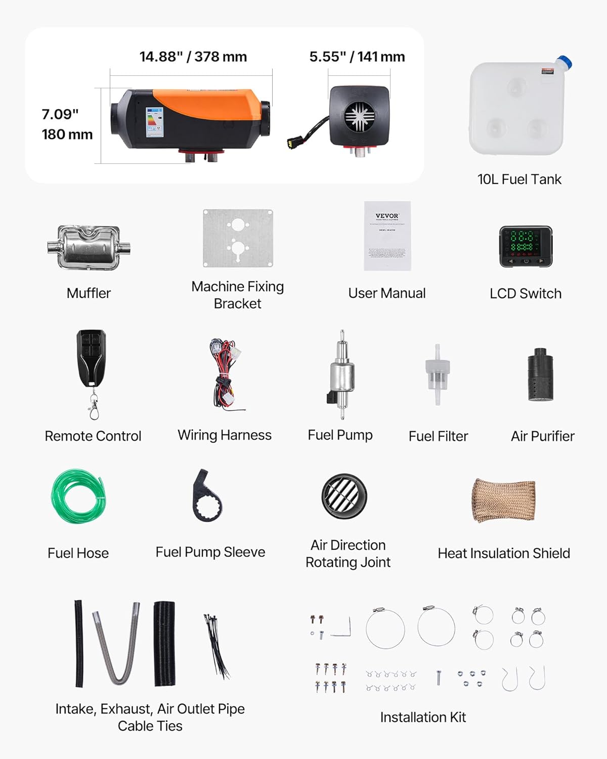 VEVOR 8KW Diesel Heater, DC12-24V, Fast Heating Diesel Air Heater, with Remote Control and Color Digital Display, 10L Fuel Tank, Low Noise, Voice Announcement, for RV, Truck, Boat and Trailer