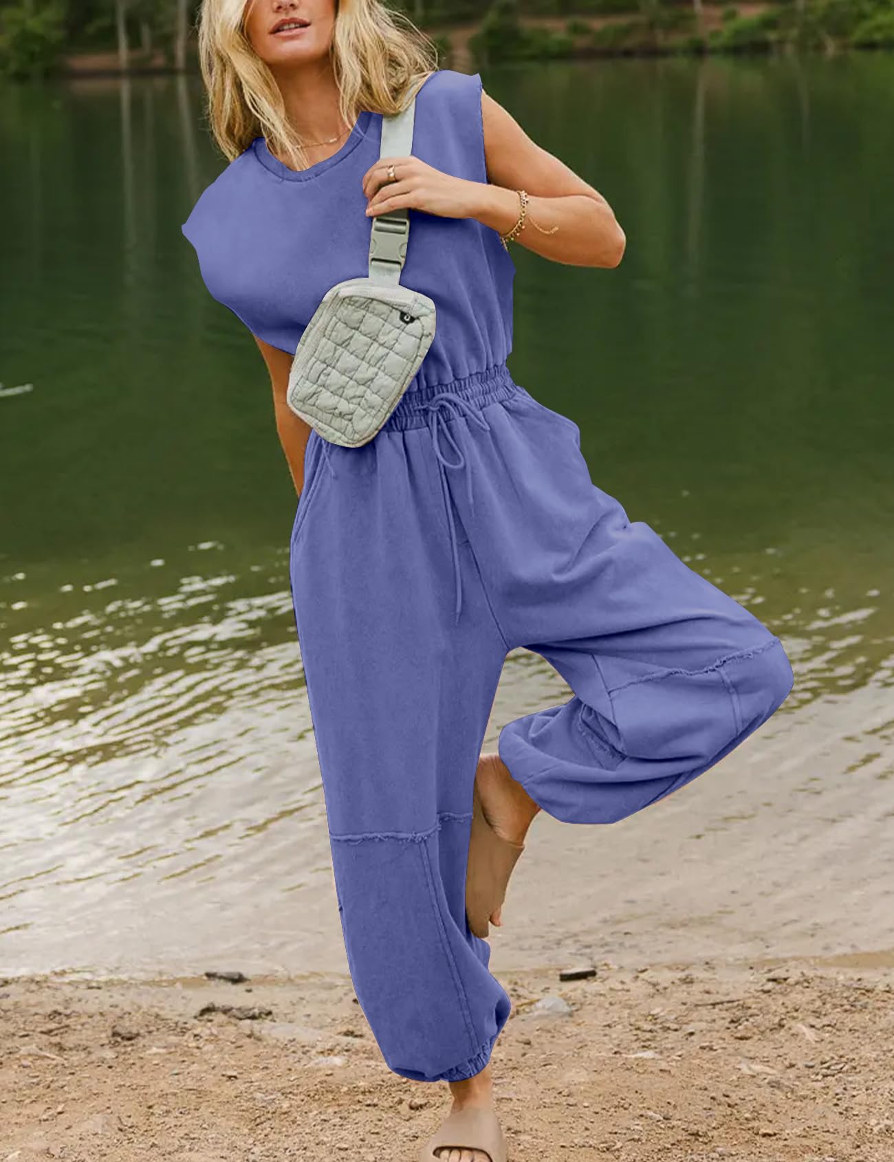 Flygo Womens Casual Jumpsuit Crewneck Cap Sleeve Long Wide Leg Pants One Piece Outfits Drawstring Romper with Pockets(LightGrey-M)