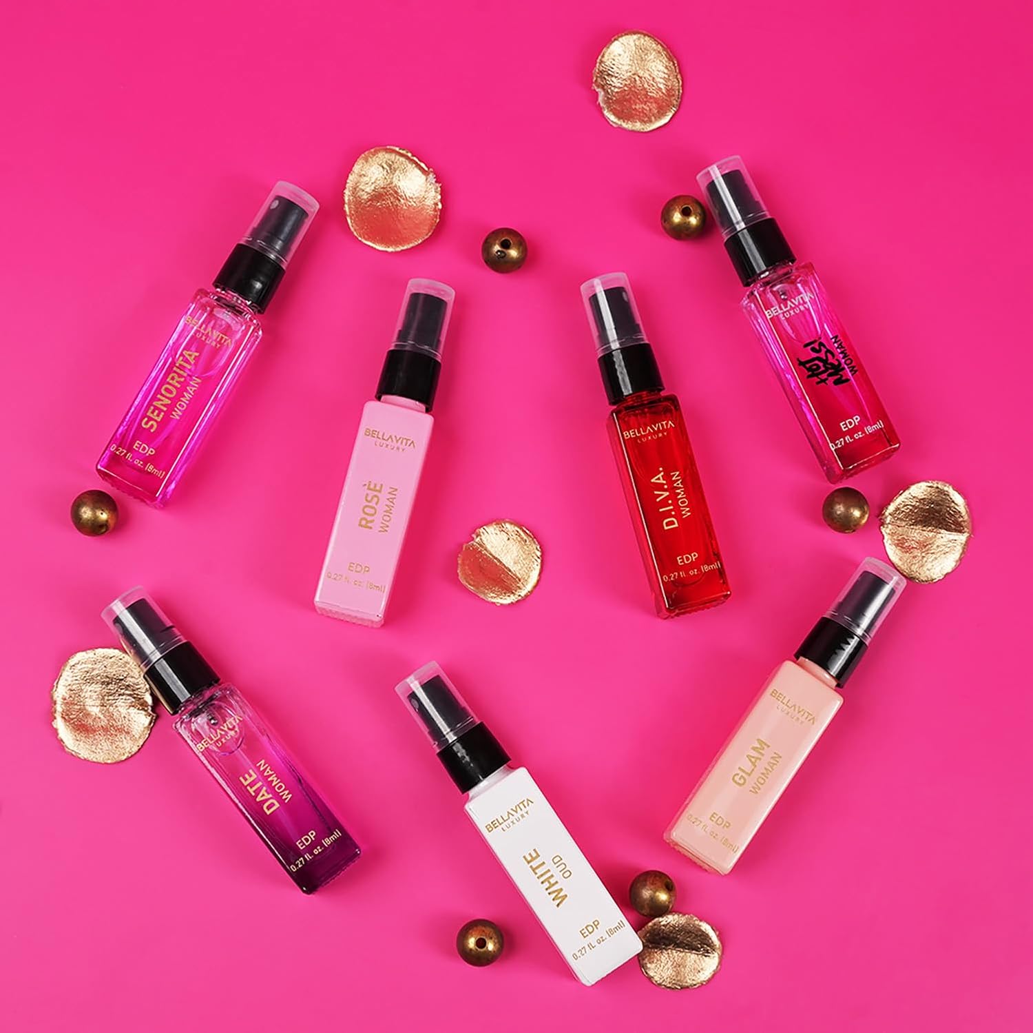 BellaVita Luxury Discovery Set Womens Perfumes (7x8ml) | Mini Perfume Gift Set for Women with Rose, OUD & Pepper Oriented | Compact Long-Lasting Floral Perfumes for Women | Cruelty Free Fragrance