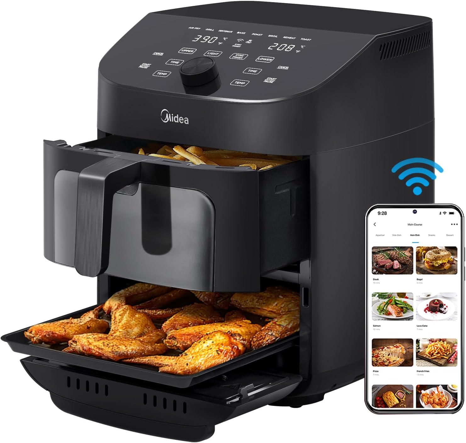 Midea Dual Basket Air Fryer Oven 11 Quart 8 in 1 Functions, Clear Window, Smart Sync Finish, Works with Alexa, Wi-Fi Connectivity, 50+ App Recipes for family meals, Bake, Roast, Grill, Broil, Toast