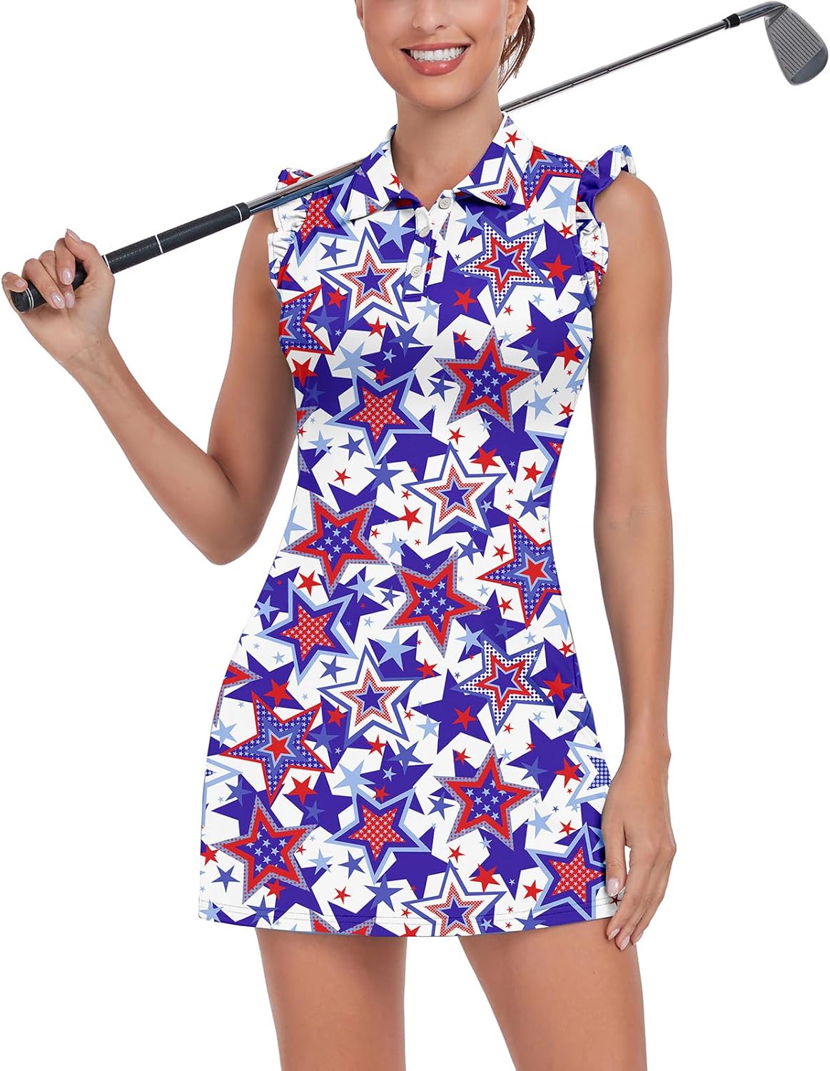 WOWENY Tennis Dress Polo Buttons Golf Dresses with Built in Shorts and Pockets Ruffle Sleeveless Athletic Workout Dress