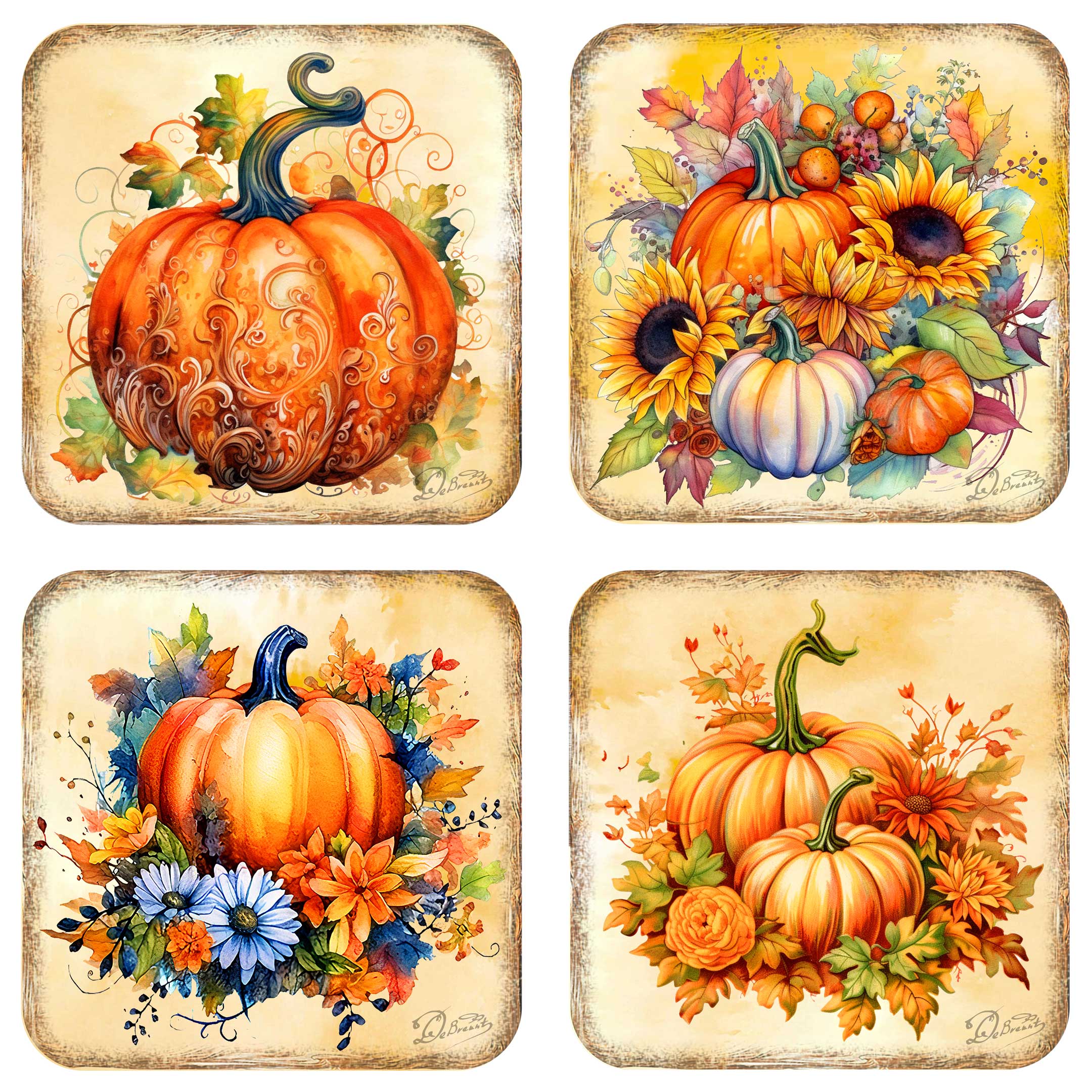 Pumpkin Wooden Cork Coasters Gift Set of 4 by G. Debrekht - Thanksgiving Decor - 8199447C-S4