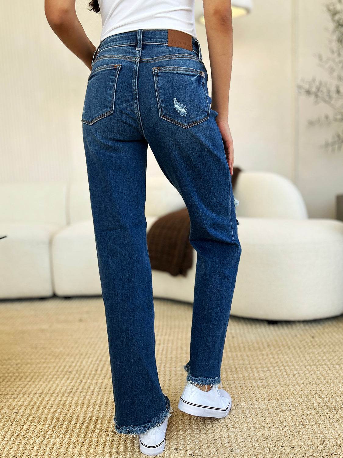 Judy Blue Full Size Mid Rise Distressed Raw Hem Women Jeans