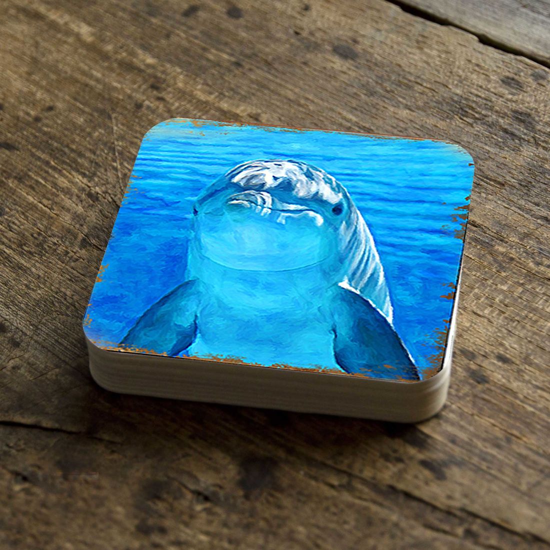 Dolphin Coastal Wooden Cork Coasters Gift Set of 4 by Nature Wonders - Coastal Sea-Life Decor - 95261C-S4