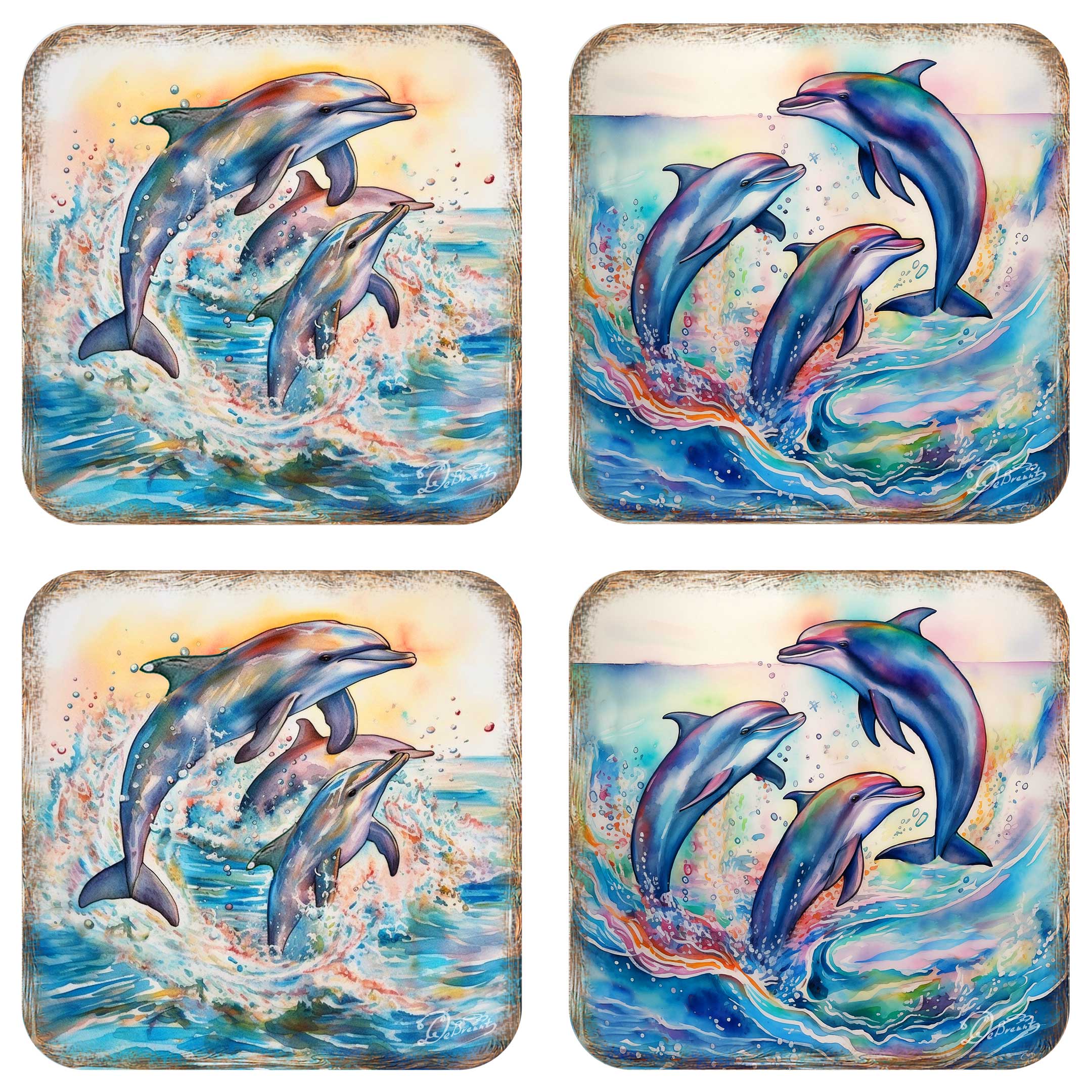 Dolphins Wooden Cork Coasters Gift Set of 4 by G. Debrekht - Coastal Holiday Decor - 8199450-3C-S4