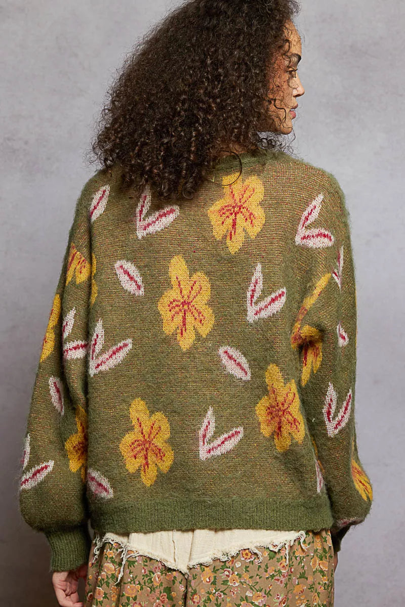 POL Floral Pattern Round Neck Balloon Sleeve Sweater