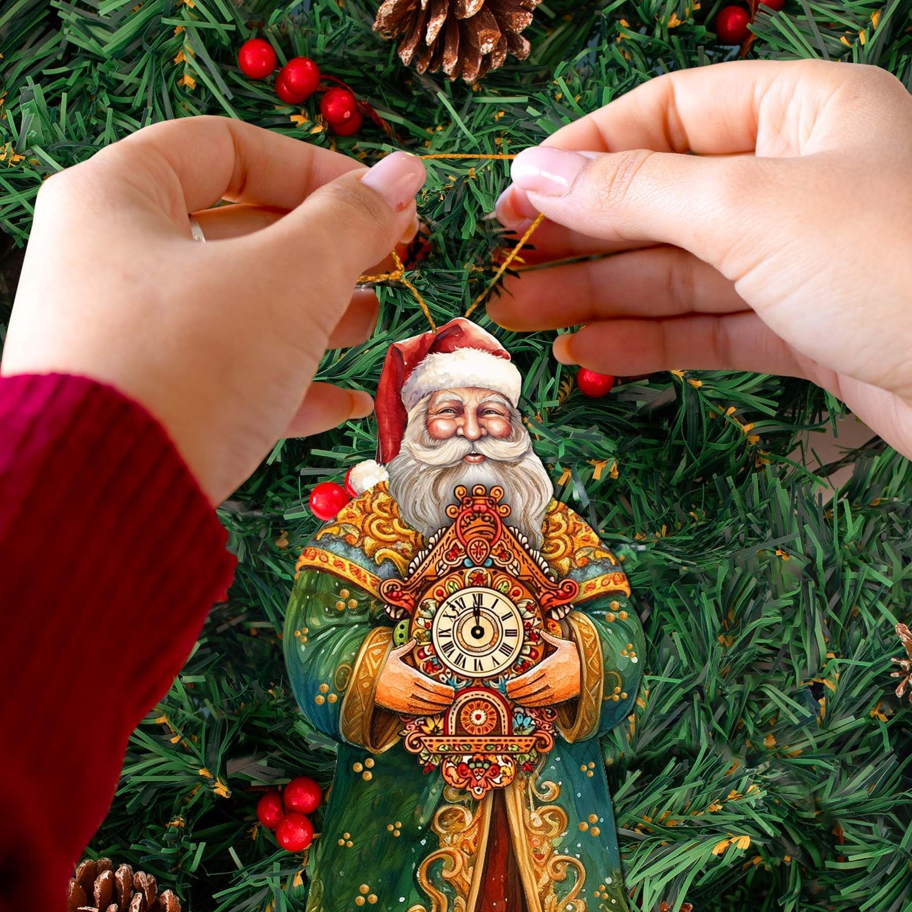 St. Nick's Magic Clock Wooden Ornaments by G. Debrekht - Christmas Santa Snowman Decor - 8691412