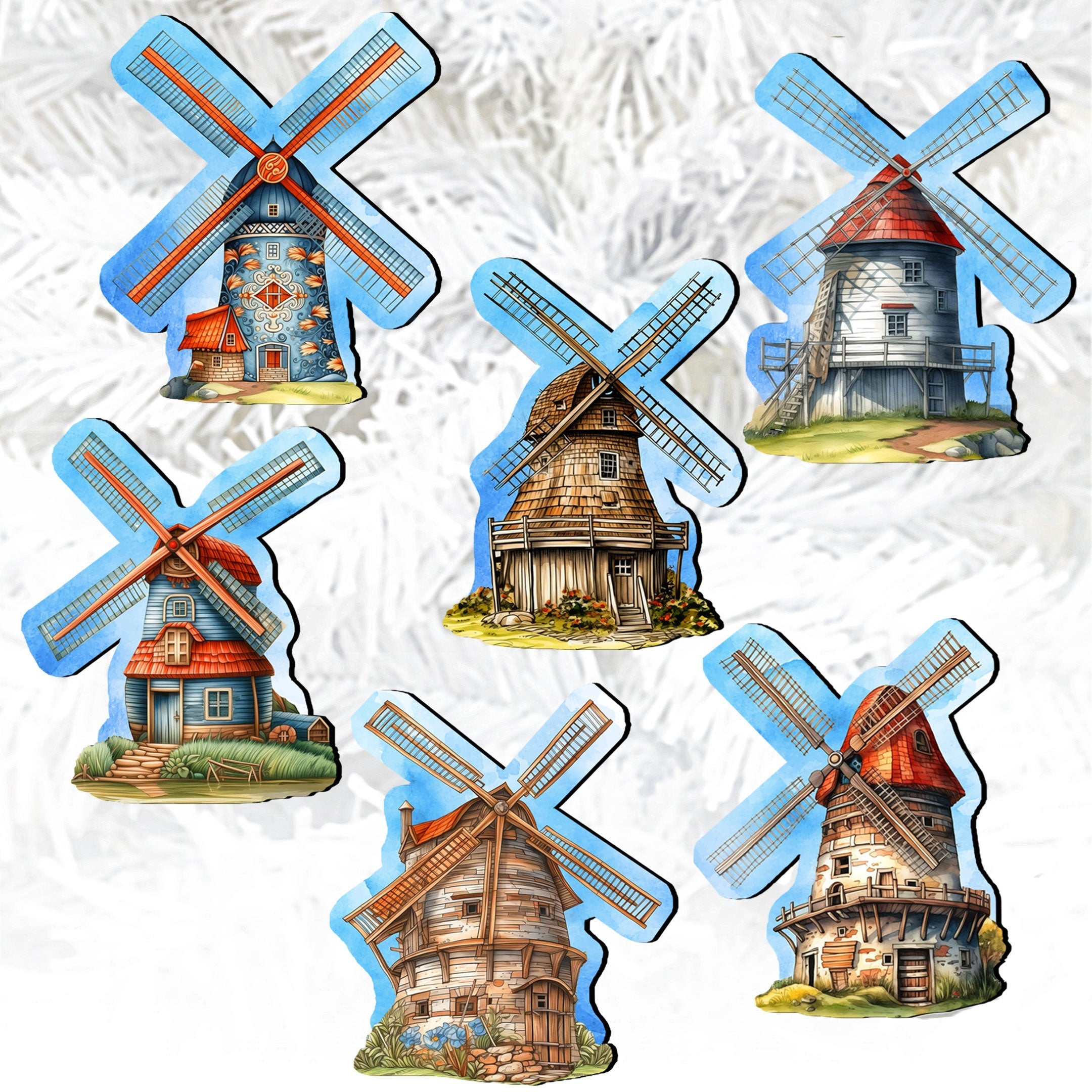 Windmills Decorative Wooden Clip-on Ornaments Set of 6 by G. Debrekht - Love Family Decor - 8090074C-S6