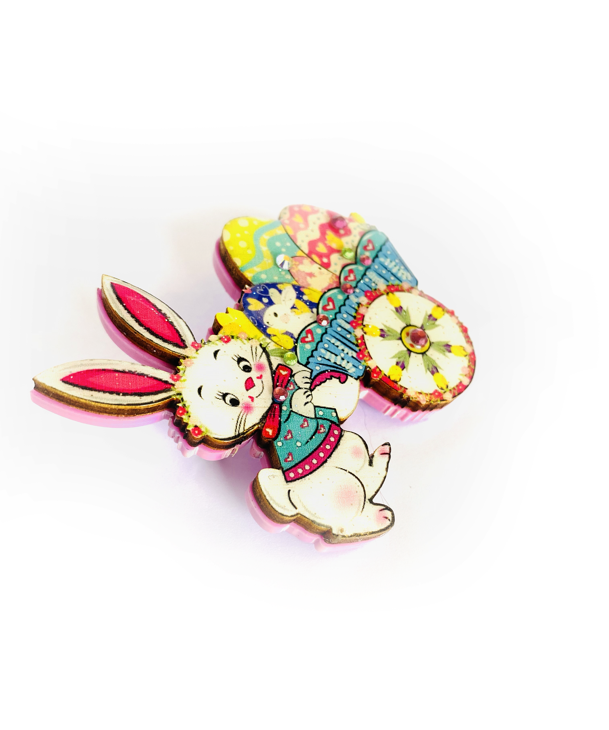 Benny Bunny and his Easter Egg Cart Brooch by Rosie Rose Parker