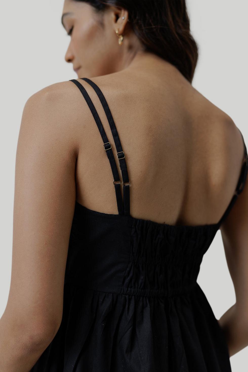 Strappy Gathered Midi Dress - Black