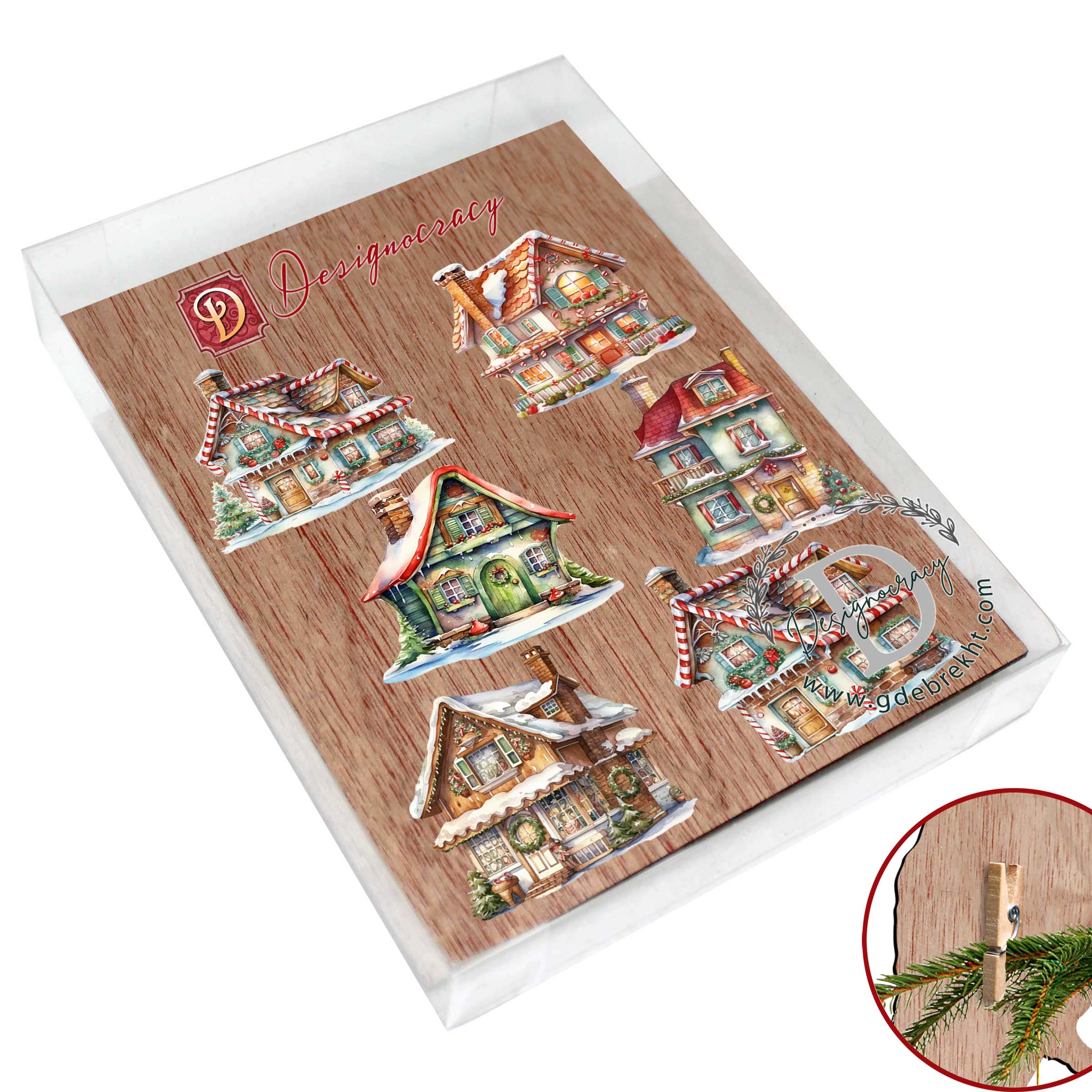 Dream Houses Decorative Wooden Clip-on Ornaments Set of 6 by G. Debrekht - Christmas Decor - 8090029C-S6