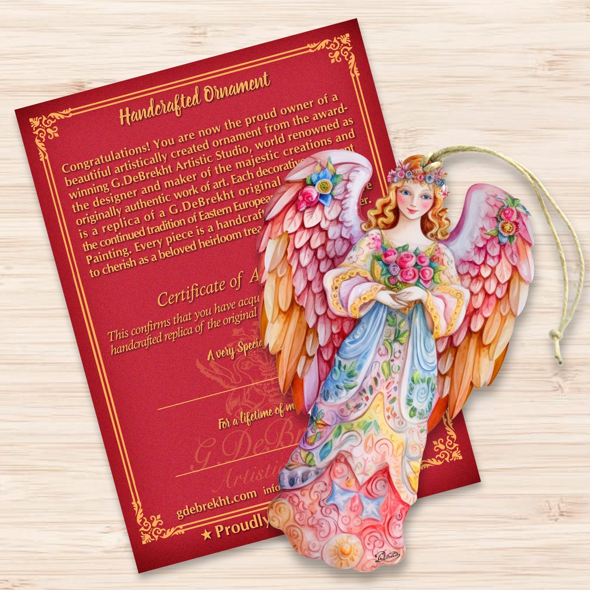 Pink Floral Angel Wooden Ornaments by G. DeBrekht Nativity Holiday Decor - 8611023