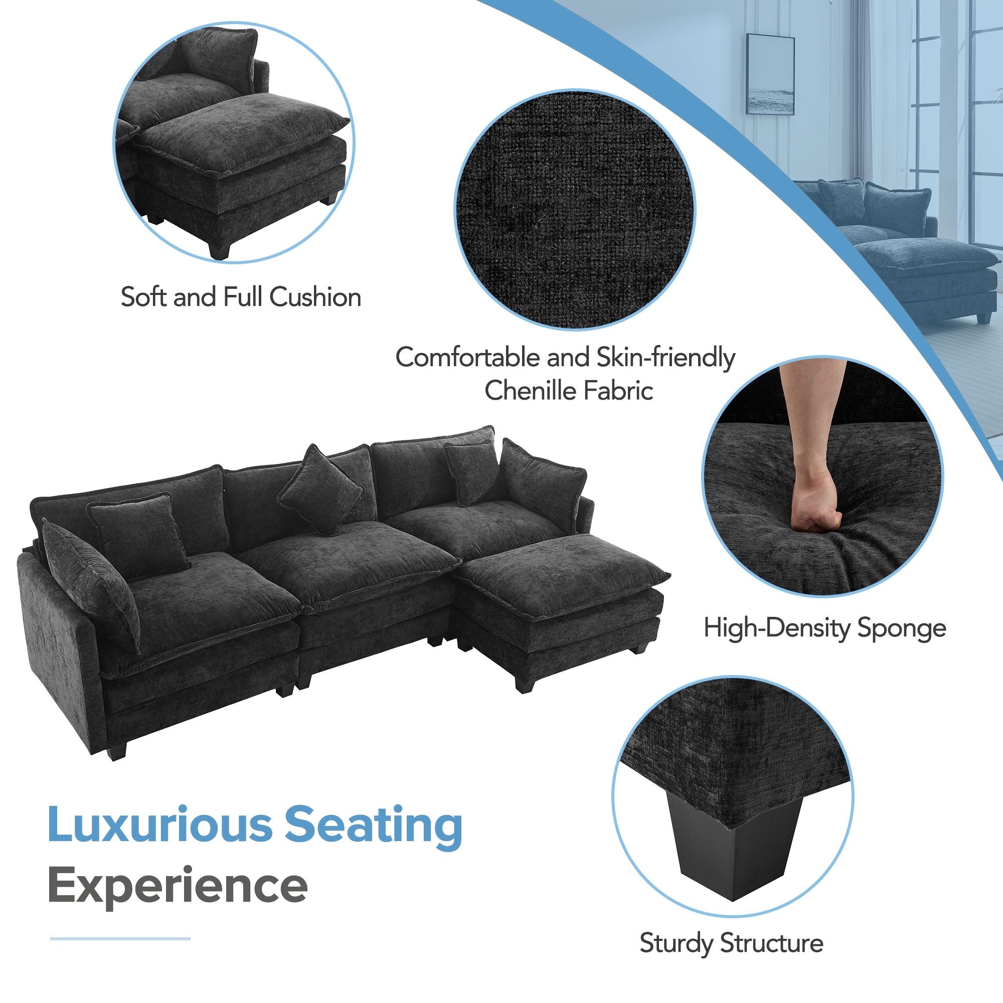 7DAY'S 112.2\" L-Shape Chenille Upholstered Sofa for Living Room Modern Luxury Sofa Couch with Ottoman and 5 Pillows for Living Room